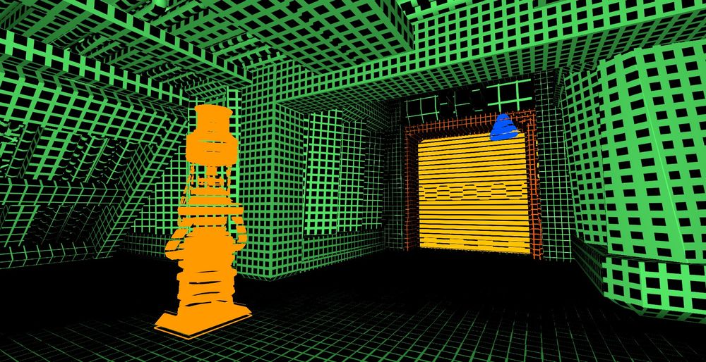 Screenshot of the VR game "Hello Cruel World" of a section of map in "cyberspace" with Tron-like grid textures.