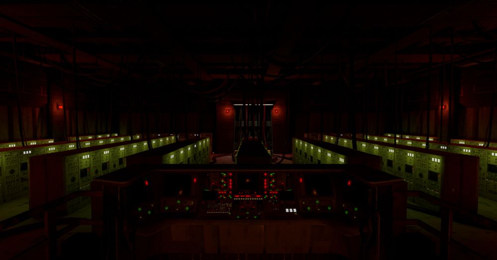 Screenshot of VR Game "Hello Cruel World" with rows and rows of servers in a creepy dimly-lit room