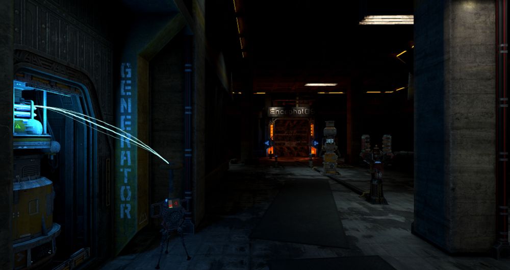 Screenshot of VR Game "Hello Cruel World" of a hallway with a number of sci-fi devices in it.