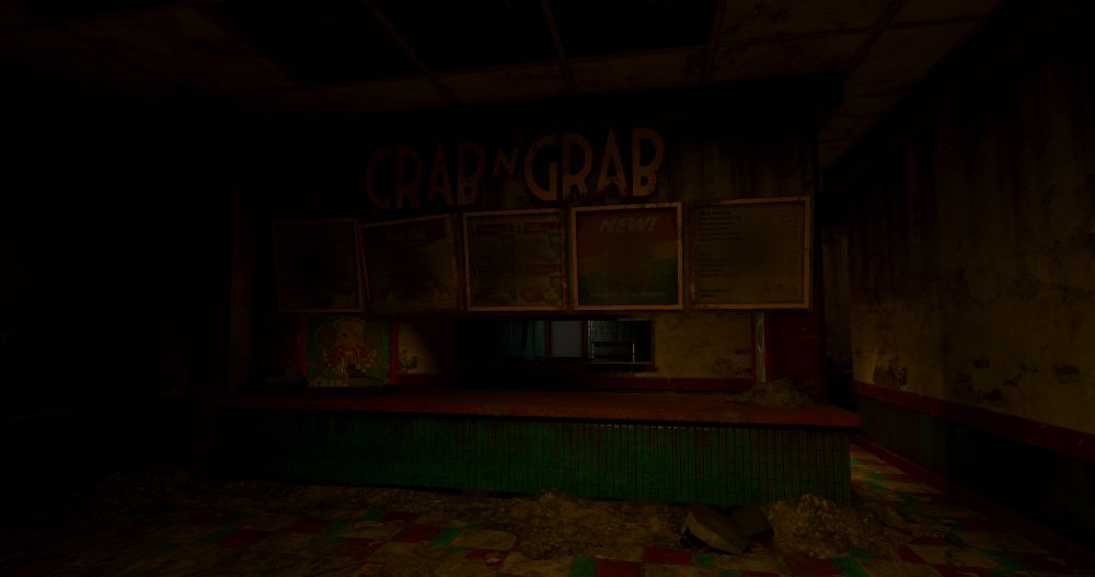Screenshot of VR Game "Hello Cruel World" of the interior of a long-abandoned fast food joint.