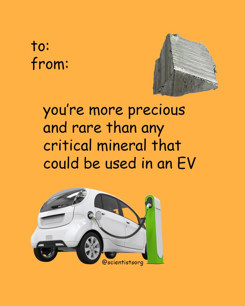 Black text on a yellow background reading "you're more precious and rare than any critical mineral that could be used in an EV" surrounded by images of an electric vehicle and lithium ore 