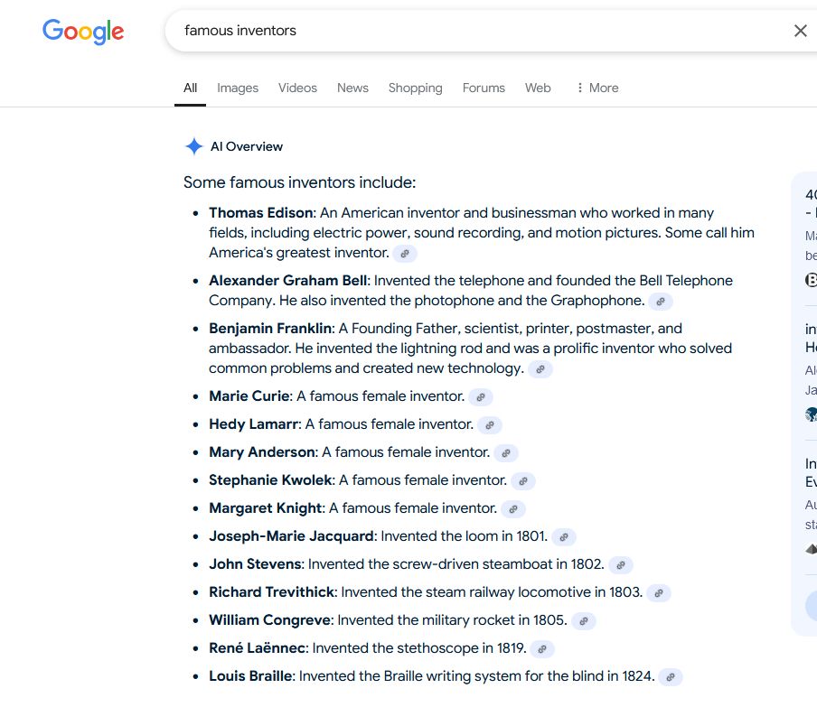google's ai overview going into detail on what thomas edison, alexander graham bell, and benjamin franklin invented, then saying "A famous female inventor." for five women, then back to describing several more men's inventions