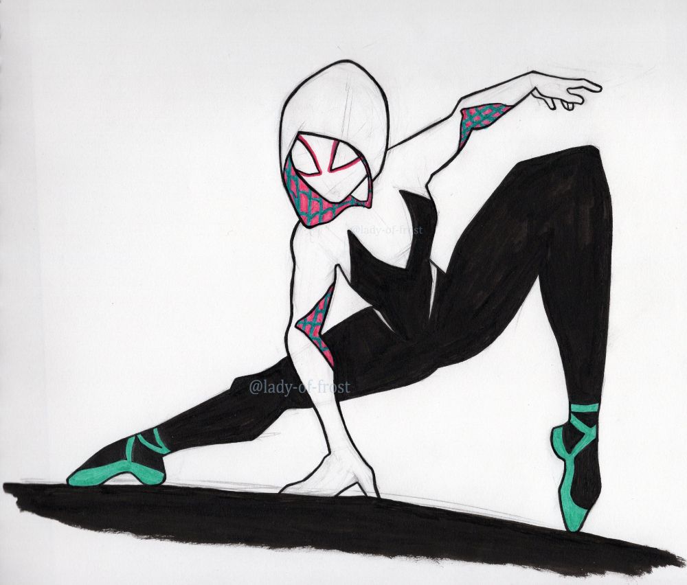 An ink drawing of Spider-Gwen striking the ballet pose from when she first enters the Guggenheim Musuem.