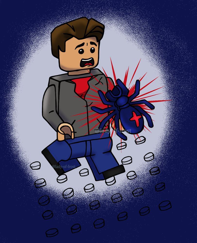 Lego Peter Parker with his face twisted in horror as he takes a step back while a large, blue and red accented Lego Spider sits on his hand. There's a spotlight on Peter and the background is dark blue crosshatching while the Spider has red sharp lines expanding from underneath it for dramatic effect.