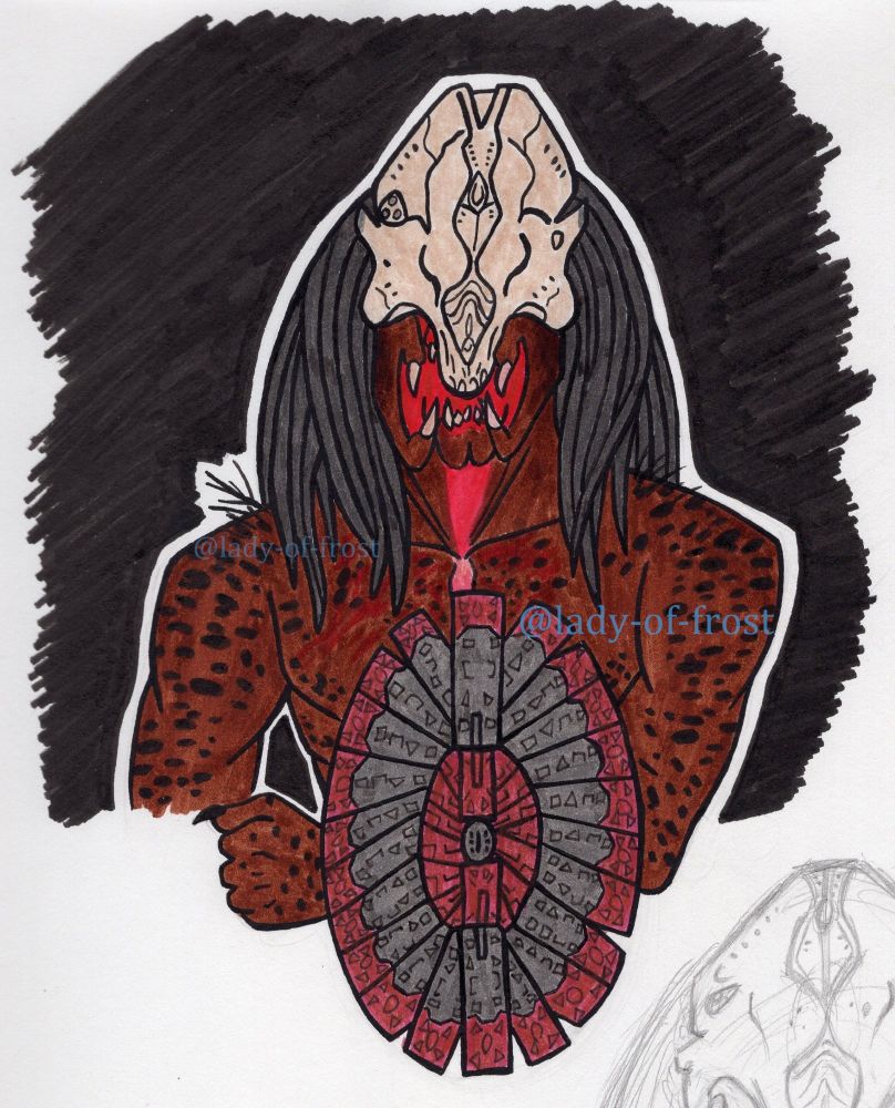 An ink, marker, and colored pencil drawing of the Feral Predator from Prey facing the viewer and holding up his shield in front of him with slightly open mandibles.