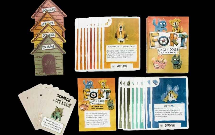 Foto de los componentes de la expansión Perros y gatos del juego Fort. 