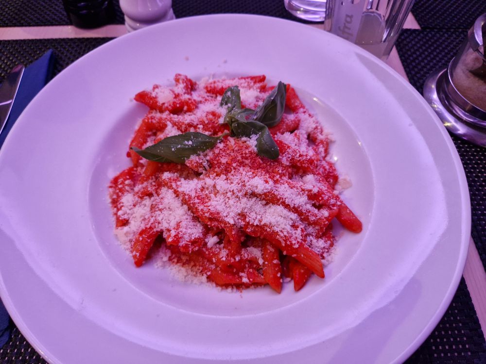 Teller Pasta mit Penne Napoli mit Basilikum und Parmesan 