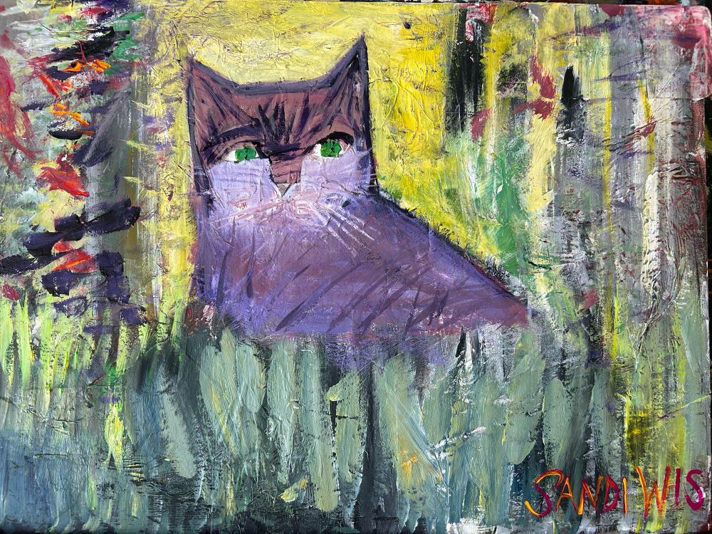 Impressionistic painting of a seemingly purple Tabby cat with big green eyes looking to the side amidst a sun-kissed forest of green, orange, reds, purples, yellows, and blues. The cat’s expression is curious. 