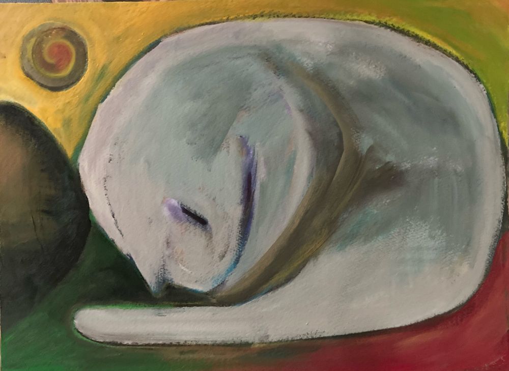 Surreal depiction of a gray cat sleeping in a circle in a desert-like atmosphere of green, red, and yellow, with the cat’s head snuggled up to a nearby rock and a spiral sun of browns, yellows, and reds.