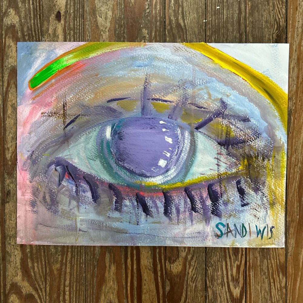 A watery acrylic painting on canvas with vibrant purples, yellows, oranges, and baby blues to show a deep pensive eye looking out at the viewer with a green-yellow eyebrow painted in a way to obscure whether it’s a right eye or left. 