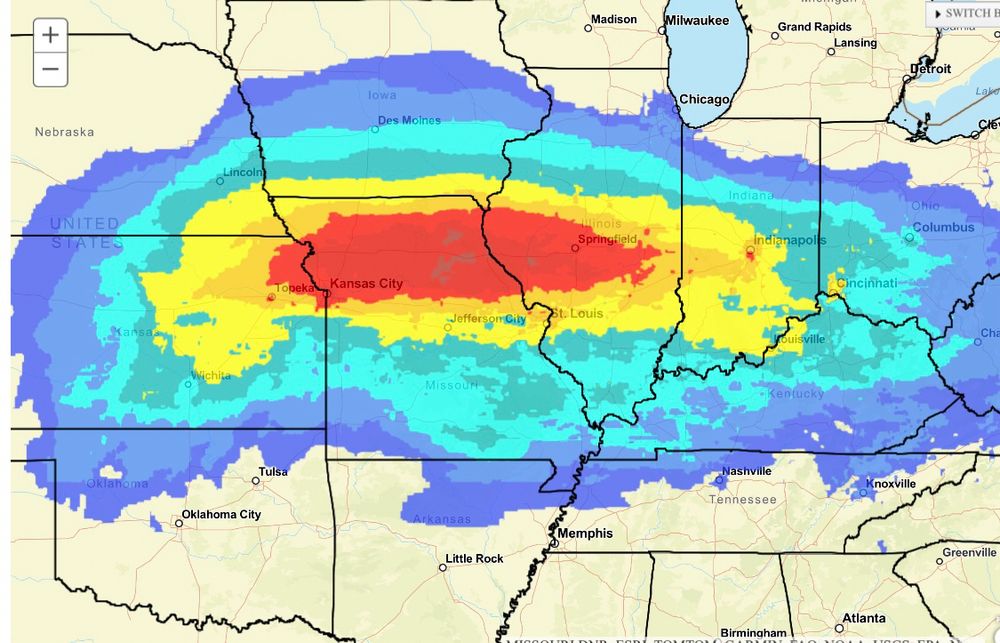 Map with shading representing the probability of at least moderate winter storm impacts, focused on the Midwest 