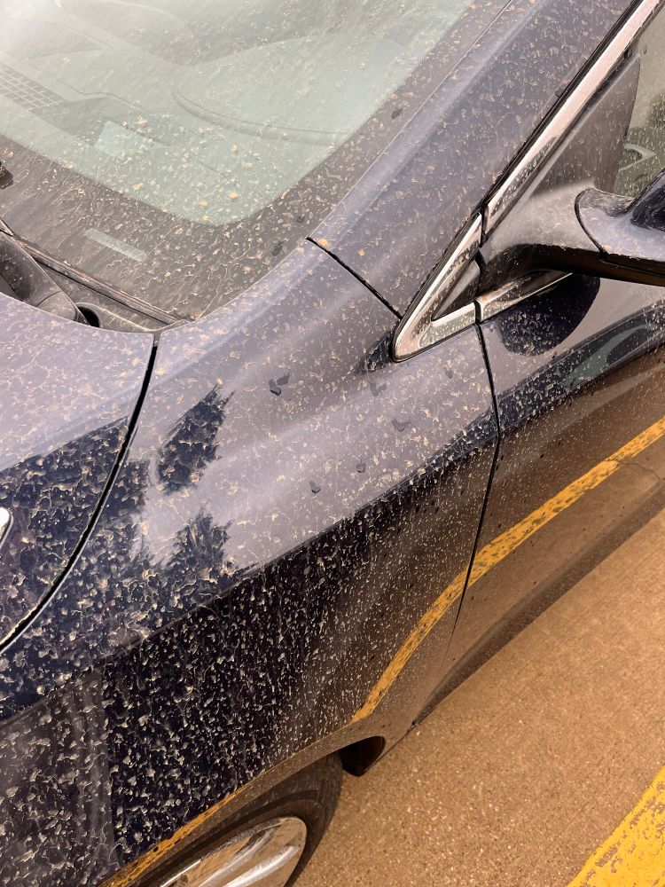 A dark blue car covered in dusty streaks of rain 