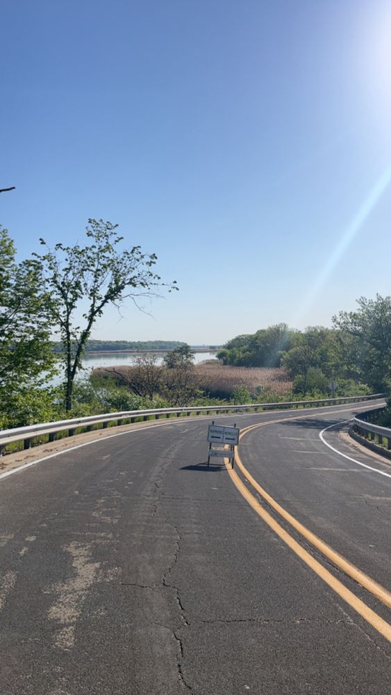 A view of the Illinois River from the middle of a roadway with trees in the foreground and distance 