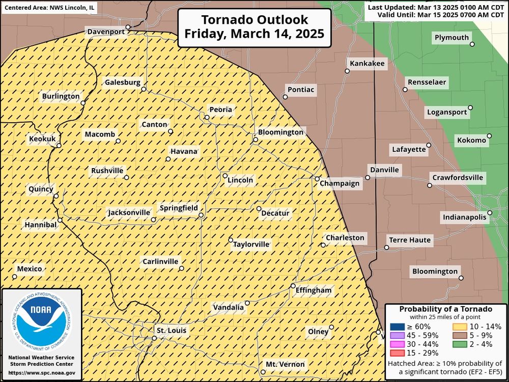 Storm Prediction Center tornado outlook for Friday March 14, focused on central Illinois.