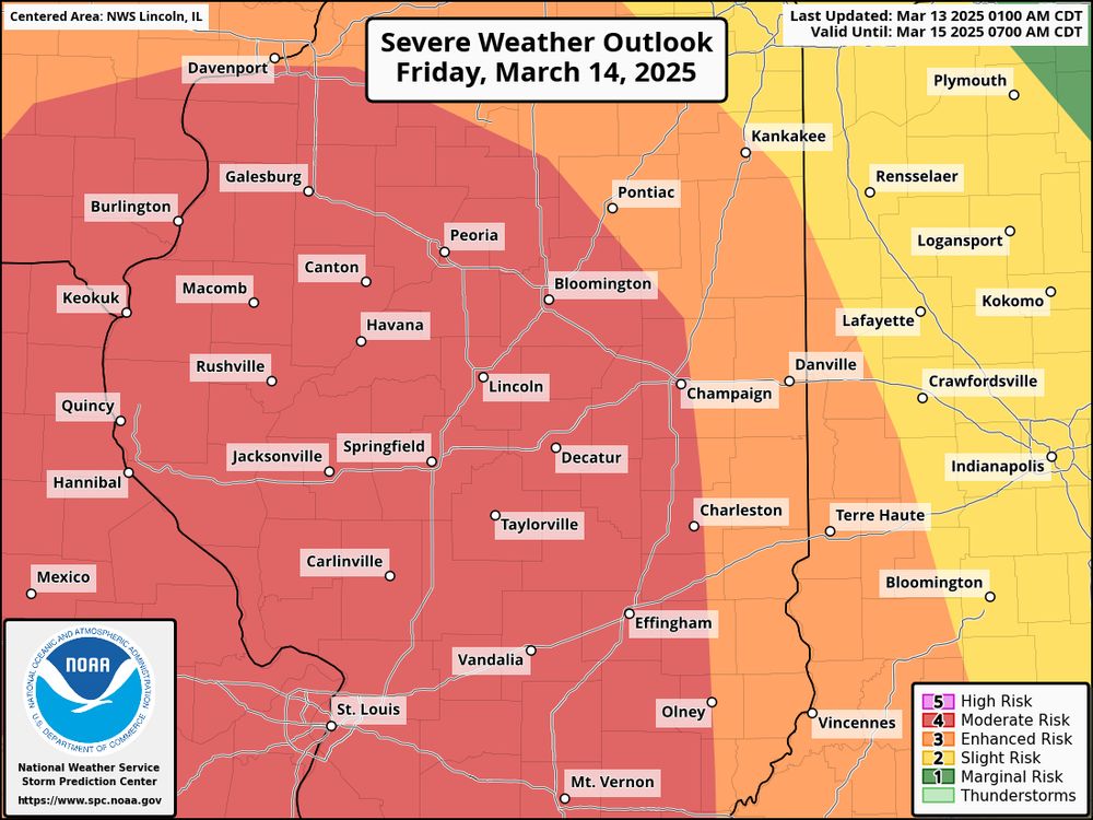 Storm Prediction Center categorical outlook for Friday March 14, focused on central Illinois. There is a moderate (4 out of 5) risk.