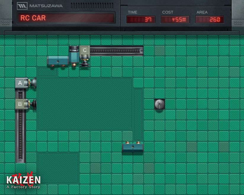 Mechanical arms manipulate 2d "components" to move them past "riveters" and "welders" to "assemble" a "remote controlled car". An animated gif of a solution to an automation puzzle. 