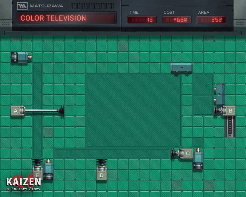 Mechanical arms manipulate 2d "components" to move them past "riveters" and "welders" to "assemble" a "color television". An animated gif of a solution to an automation puzzle. 