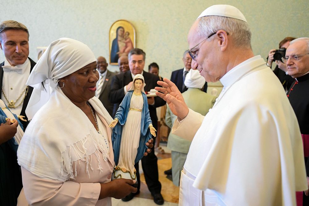 Pope Leo XIV blessed five statues of Mary that refugees evicted from their islands in Chagos in order to build a major U.S. military base. They plan to place these statues in the chapels they hope to ...