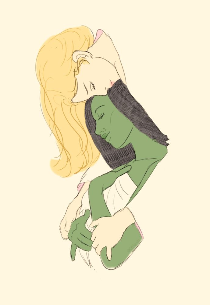 Doodle of Elphaba and Glinda from Wicked. Elphaba has her arms around herself while Glinda is holding her. They're both smiling with their eyes closed.