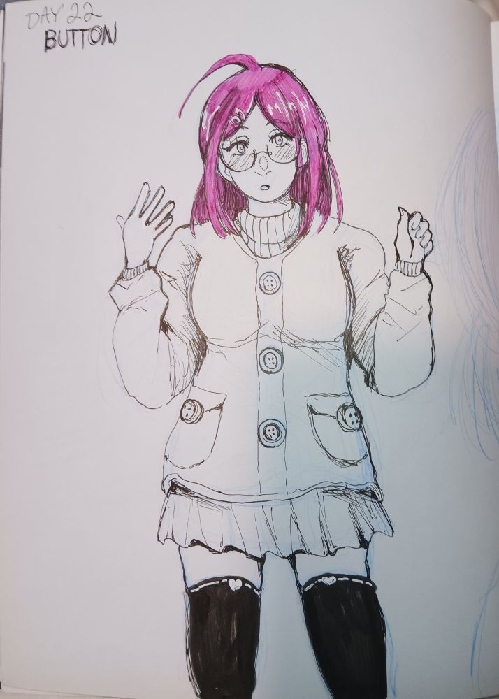 My OC Erinne wearing a heavy sweater wigh buttons over a turtle neck and skirt.