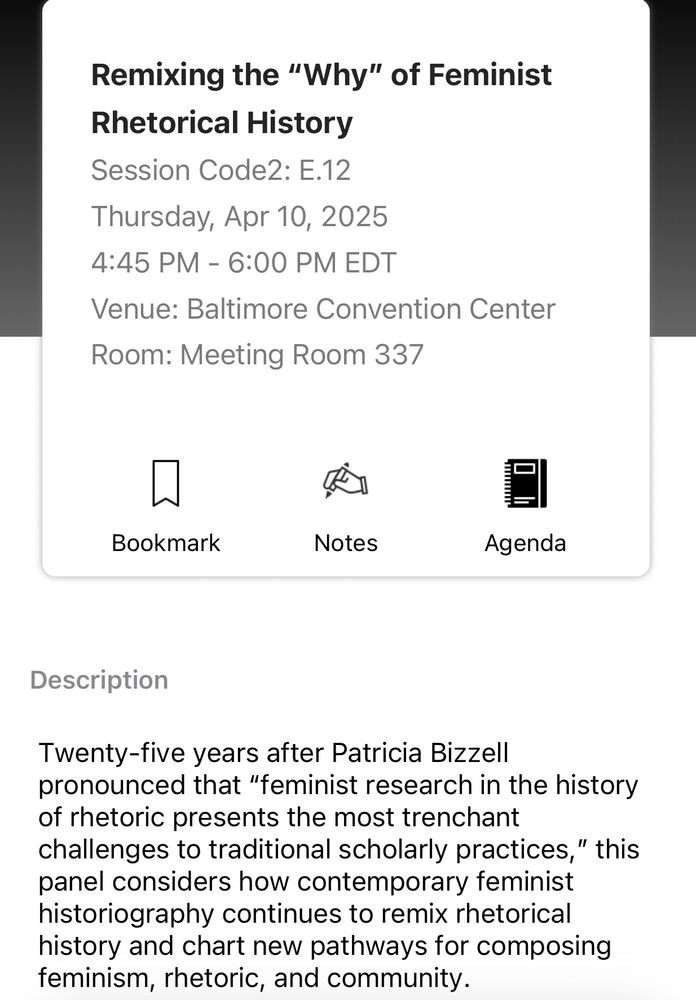 Program information for panel E.12 Remixing the “Why” of Feminist Rhetorical History. Thursday, 4:45 pm, in Baltimore 337