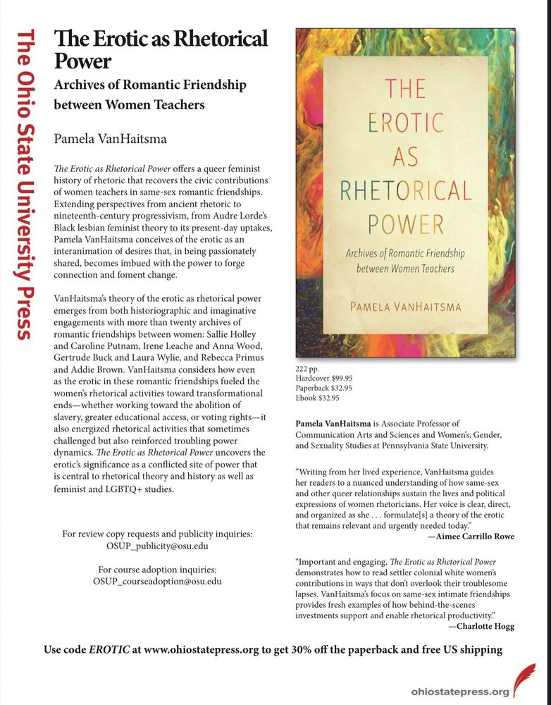 Flyer for the book The Erotic as Rhetorical Power: Archives of Romantic Friendship between Women Teachers. Book details available at https://ohiostatepress.org/books/titles/9780814215609.html