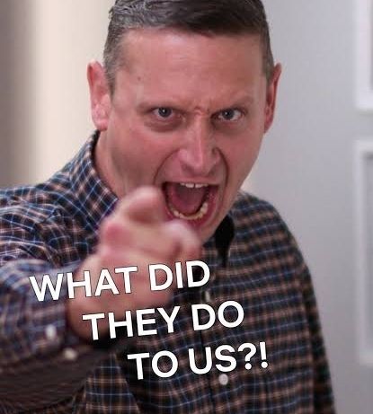 I Think You Should Leave meme. Tim Robinson points and yells, staring intensely. 

Text reads "WHAT DID THEY DO TO US?!" 