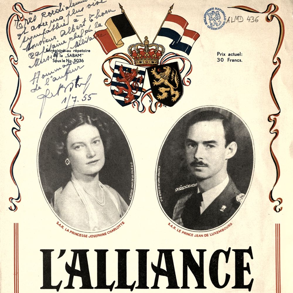 Couverture de la pièce « L’Alliance : Marche Symbolique Belgo-Luxembourgeoise », composée par Francis Koster en 1953.