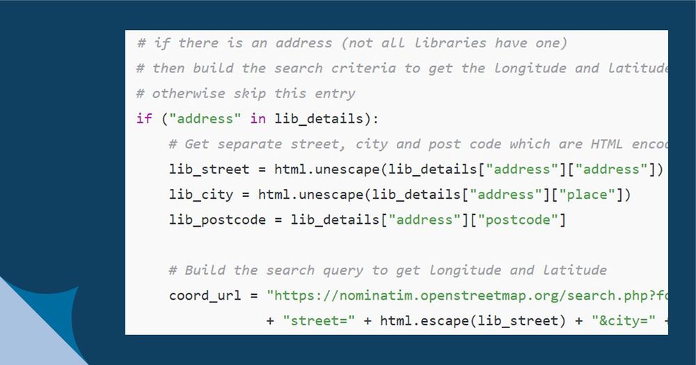 Python code showing the building of the search string needed to retrieve the GPS coordinates of libraries.