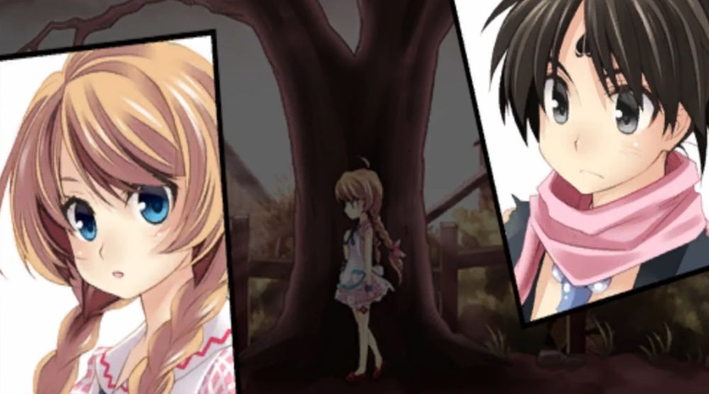 The series of images on this post are from Zombie Panic in Wonderland (ZPiW).

Standing at a tree, Dorothy (from the Wizard of Oz) notices Momotaro, who is looking at her.