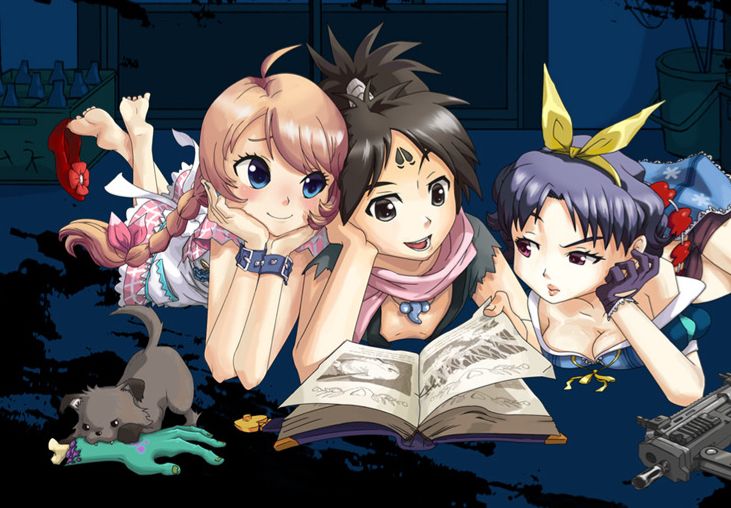 Momotaro is reading a book, with Dorothy and Snow White listening on. Dorothy is leaning onto Momo. She is blushing happily. Toto, Dorothy’s puppy dog, is gnawing on a dismembered zombie hand.