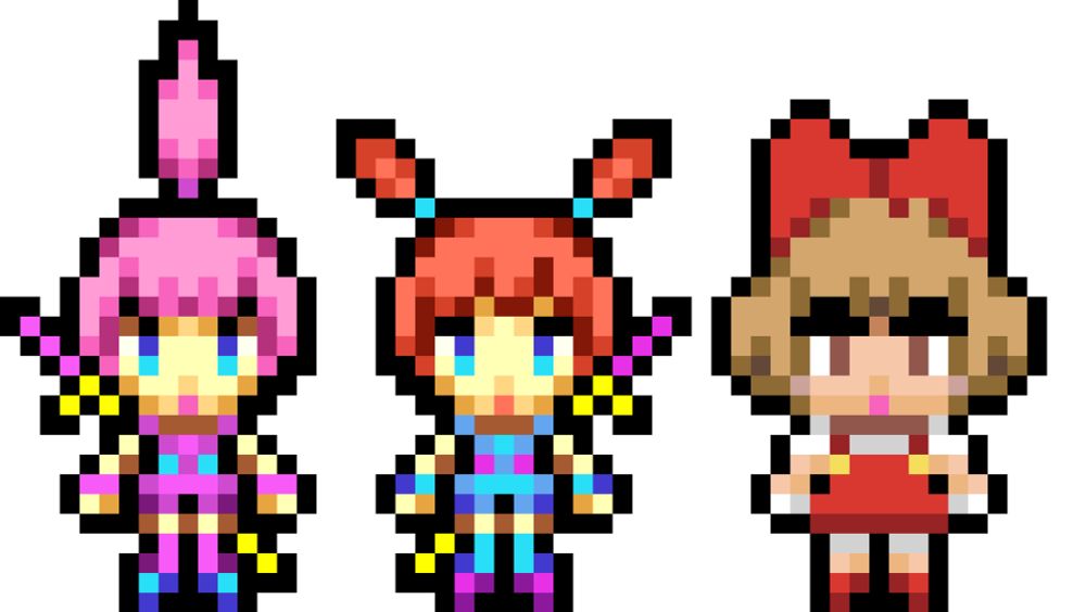 Kat, Ana, and Lulu portrayed in the WarioWare Touched Menu Sprite style! Lulu’s sprite is specifically made by plushietoon.