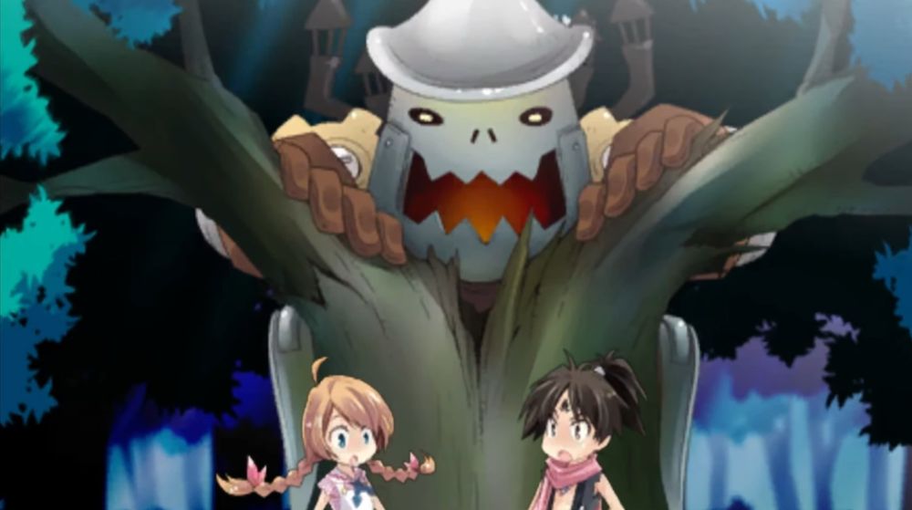 The Tin Man rips apart a big tree, startling Dorothy and Momotaro.