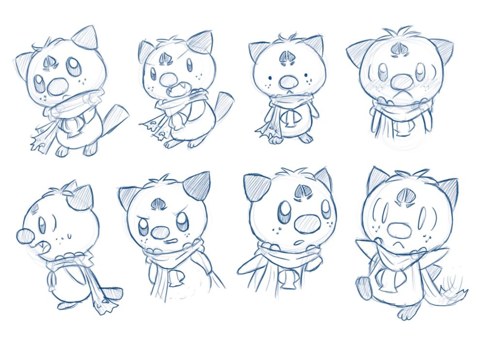 Various drawings of Momo as an Oshawott (Mijumaru). From the upper left, reading from left to right, top to bottom, there is Momo staring. Then the next one he is shook and the one after that he is staring blankly and then there’s him blushing. On the bottom left row, he is looking shocked from the side, determined, curious, and then startled.

Momotaro is from Zombie Panic in Wonderland. Various expressions from this sheet are based off his appearance in the game. Him as a Pokemon is based off of Pokemon Mystery Dungeon.