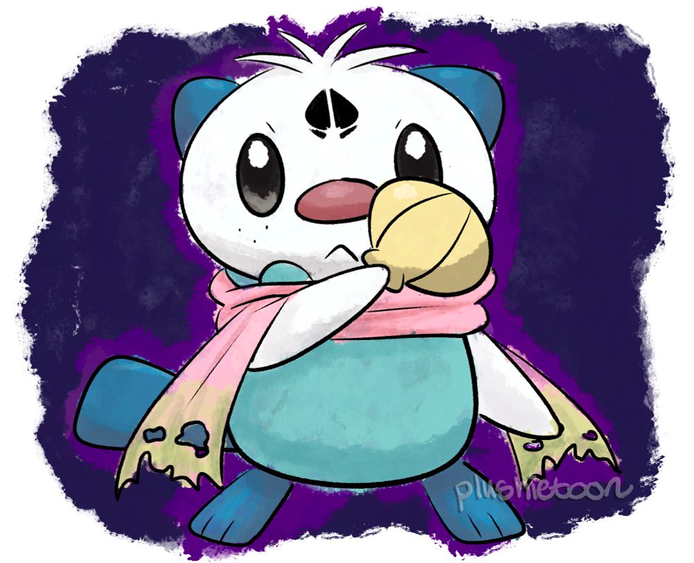 Momotaro from Zombie Panic in Wonderland as an Oshawott. He is brandishing his schallop (seashell sword). He has tufts of fur on his head, the peach mark on his forehead, and the tattered pink scarf that fades into green. Notably his nose is somewhat pink compared to the standard Oshawott.