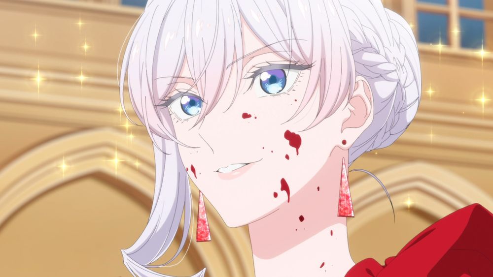 Spattered with the blood of a horde of venal bozos that she just thrashed with her bare hands, young noble lady Scarlet El Vandimion positively beams at the prospect of the violence that she has inflicted in a scene from Episode 1 of the May I Ask for One Final Thing? TV anime.