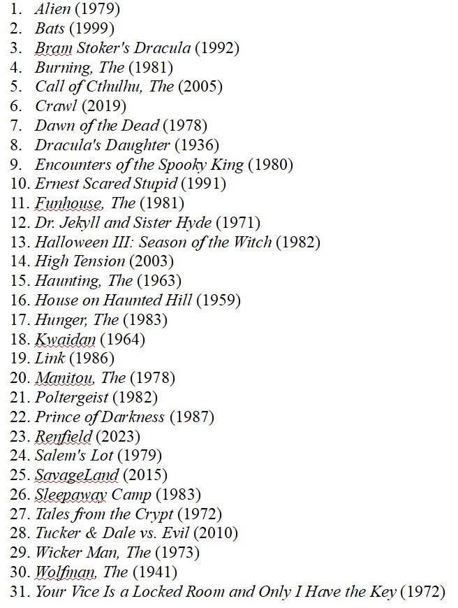 A black-and-white numbered list of the following 31 films:

1. Alien (1979)
2. Bats (1999)
3. Bram Stoker's Dracula (1992)
4. Burning, The (1981)
5. Call of Cthulhu, The (2005)
6. Crawl (2019)
7. Dawn of the Dead (1978)
8. Dracula's Daughter (1936)
9. Encounters of the Spooky King (1980)
10. Ernest Scared Stupid (1991)
11. Funhouse, The (1981)
12. Dr. Jekyll and Sister Hyde (1971)
13. Halloween III: Season of the Witch (1982)
14. High Tension (2003)
15. Haunting, The (1963)
16. House on Haunted Hill (1959)
17. Hunger, The (1983)
18. Kwaidan (1964)
19. Link (1986)
20. Manitou, The (1978)
21. Poltergeist (1982)
22. Prince of Darkness (1987)
23. Renfield (2023)
24. Salem's Lot (1979)
25. SavageLand (2015)
26. Sleepaway Camp (1983)
27. Tales from the Crypt (1972)
28. Tucker & Dale vs. Evil (2010)
29. Wicker Man, The (1973)
30. Wolfman, The (1941)
31. Your Vice Is a Locked Room and Only I Have the Key (1972)