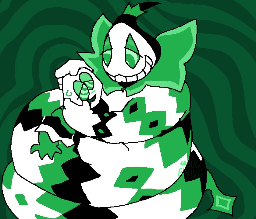 Battat lay trapped in Diamond kings coils. Dking has two hands massaging Battats face and one hand rubbing his shoulder. Both their eyes have a spiral pattern. Battat is hypnotized