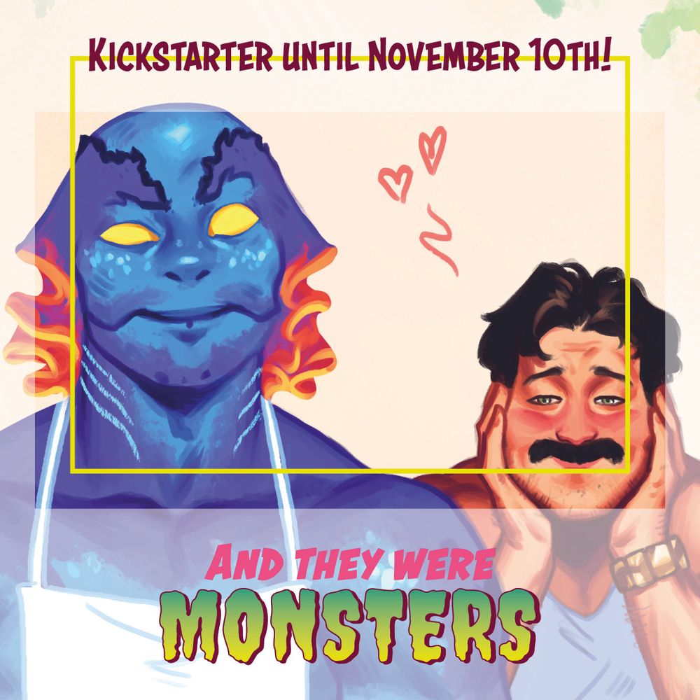 a sneak peek of Angel's piece with a man making heart eyes at a blue monster figure