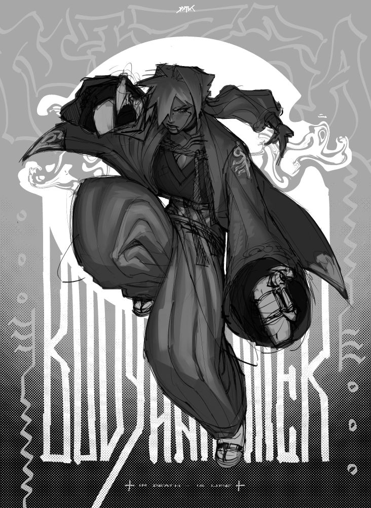 sketch of my character, nitza, b/w, in front of a distorted white ball and bold text, graffiti, halftones