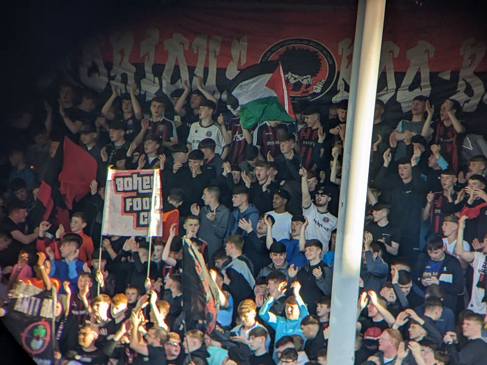 Pic from a Bohemians soccer match. Supporters flying a Palestine flag