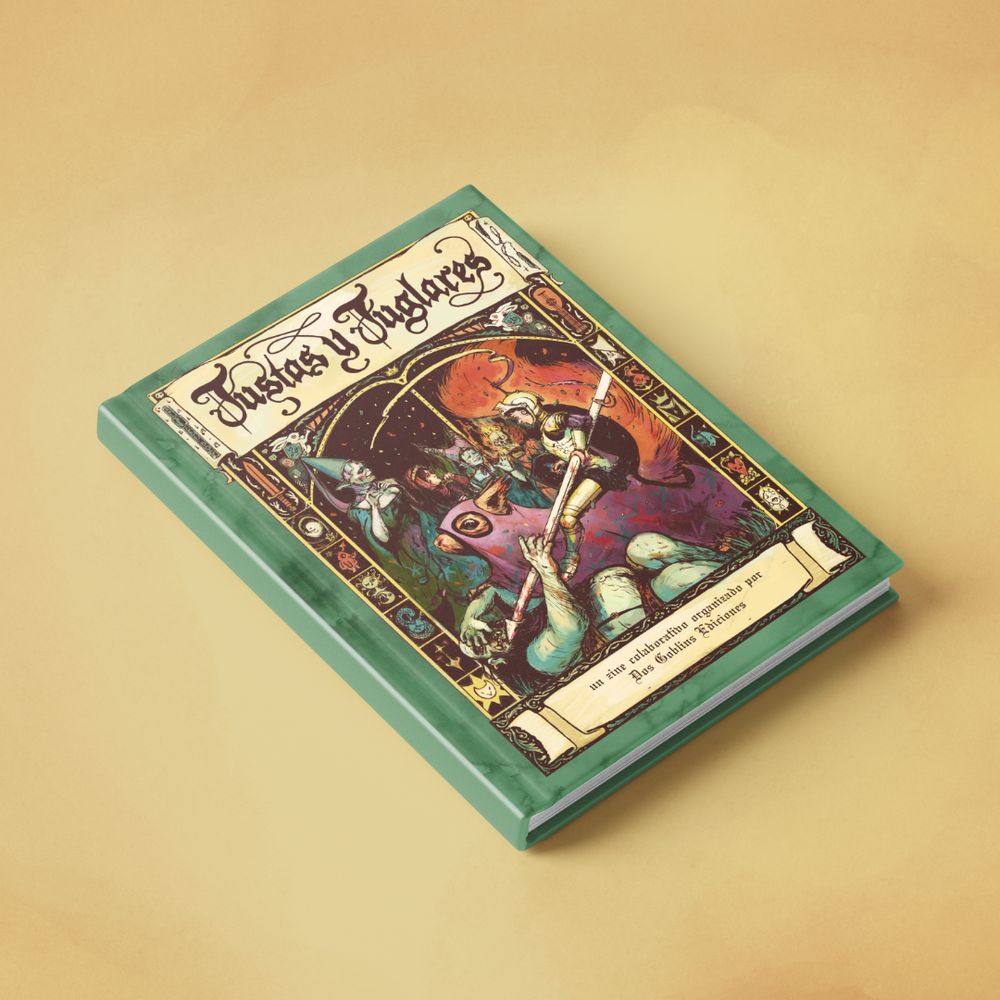 Mockup del fanzine colaborativo Justas y Juglares, un libro A5 a color de tapa dura.