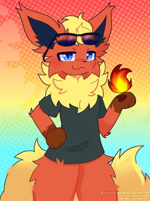 my flareon sona, wearing a green shirt and sunglasses holding a fireball