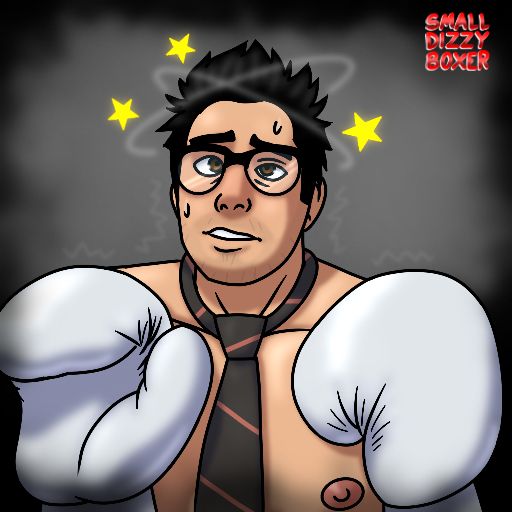 A portrait of Dwight Fairfield in white boxing gloves and neck tie, looking dizzy and scared 