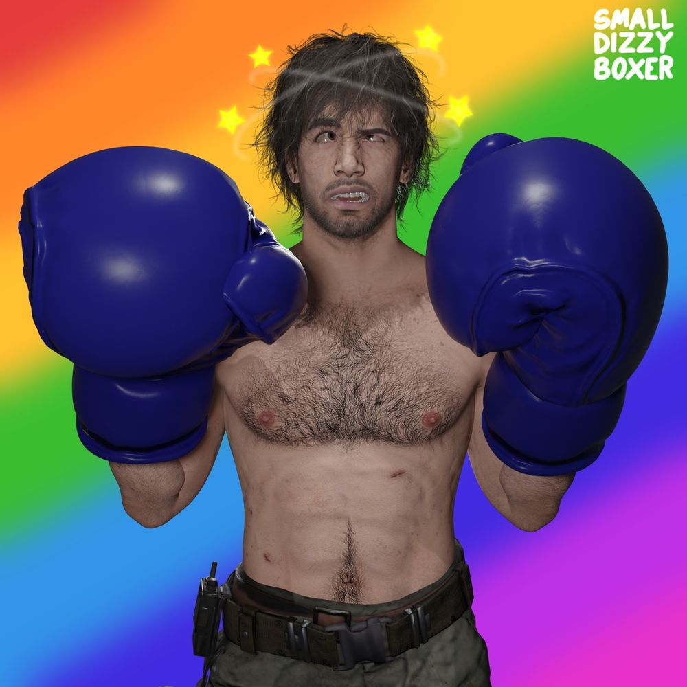 A dizzy Carlos Oliveira with blue boxing gloves up and dizzy stars floating around his head, with a rainbow background 