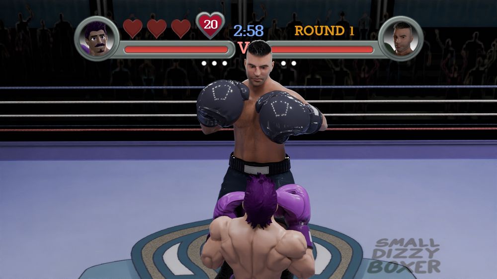 David King, from Dead by Daylight, in Punch Out as boss wearing dark blue grey shorts and gloves looking determined, fighting against my oc Raymundo, the match barely has started with round 1