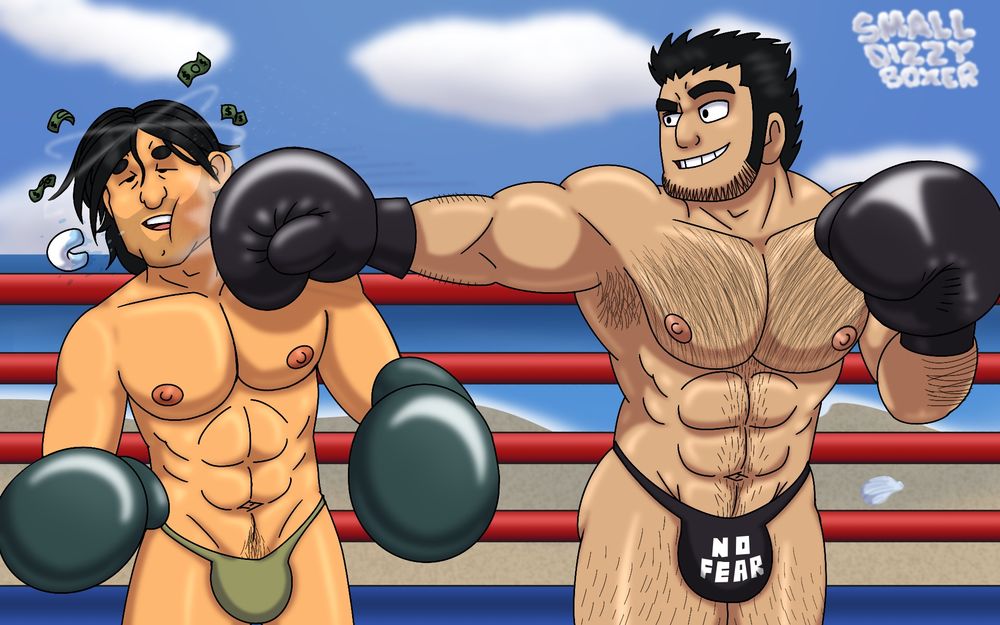 Chris McLean (Total Drama Island) in teal boxing gloves taking a punch from Lucas Lee (Scott Pilgrim) in black boxing gloves, making Chris spit out his mouth guard, both in thongs, Chris wearing a olive thong and Lucas in a black one with the words “NO FEAR” on them. They are boxing in a blue ring with red ropes at a sunny beach near the ocean.