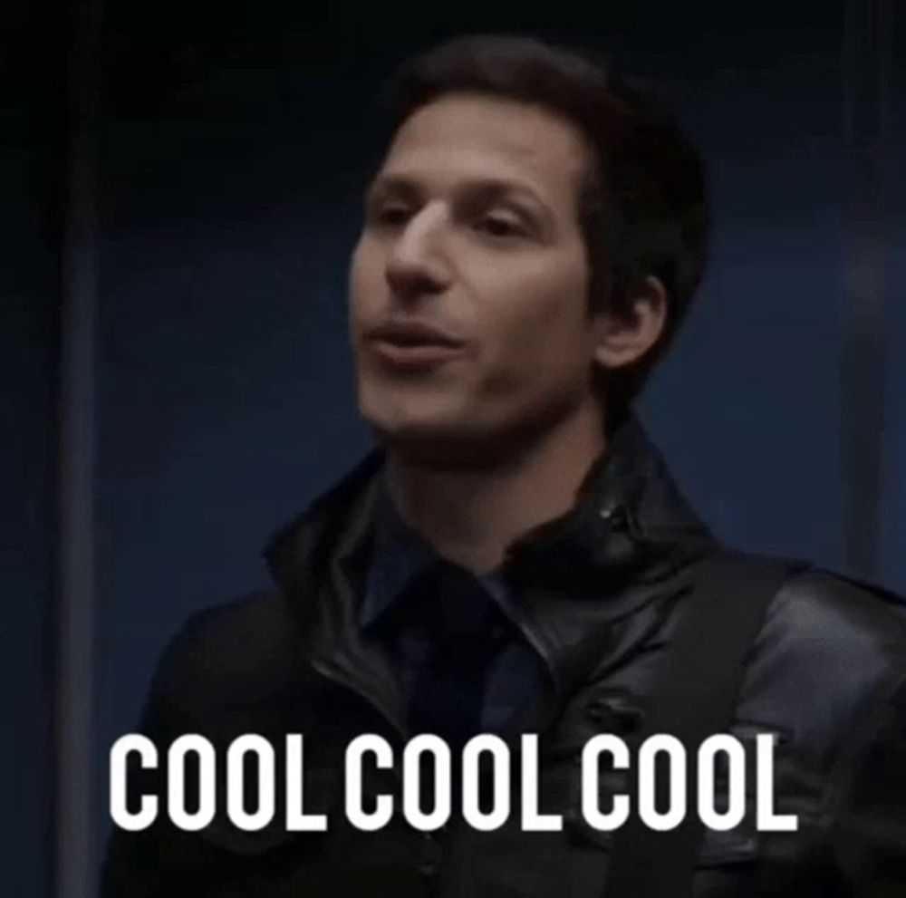 a man in a leather jacket is looking up with the words cool cool cool above him