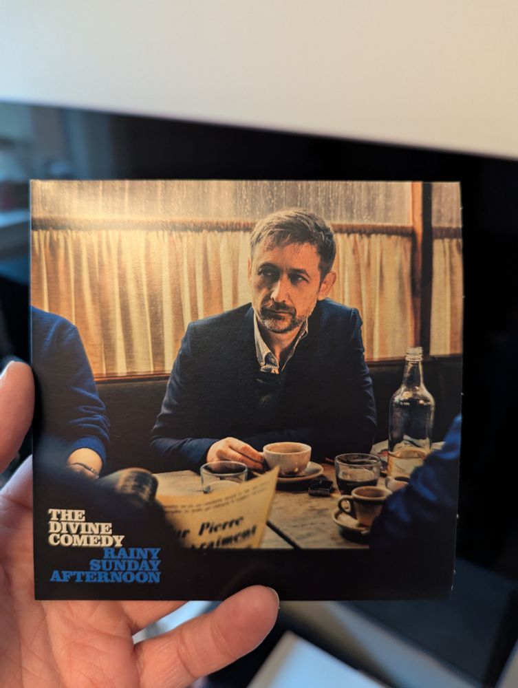 I've just received the CD of "Rainy Sunday Afternoon" by a band called The Divine Comedy. In the picture I'm holding the CD case in my hand. 