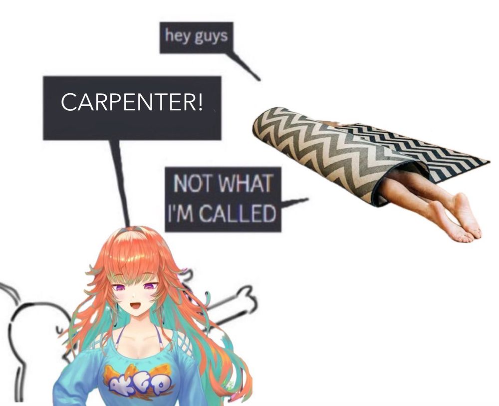 A funny meme depicting the VTuber Takanashi Kiara mistaking someone hiding inside a rolled-up rug for a carpenter that is saying "hey guys". Kiara, with a surprised expression, exclaims "CARPENTER!", to which the person in the rug replies "NOT WHAT I'M CALLED"
